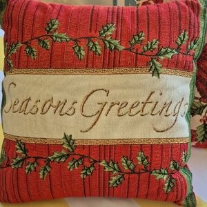 Festive Red Seasons Greetings And Red Bird Christmas Pillows